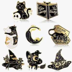 🌸NEW 🎃 8 Pieces Cute Halloween 🎃 Pins Set Cats Gothic Lapel Pins GOLD / …